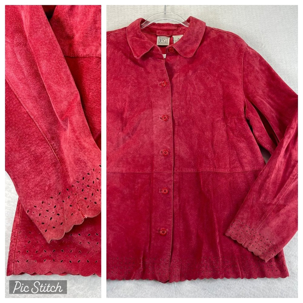 Vintage Womens XL Red Suede Leather Western Laser Cut Overshirt Jacket Shirt
